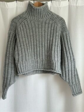 H&M Light Gray Chunky Ribbed Cropped Turtleneck Sweater, XS